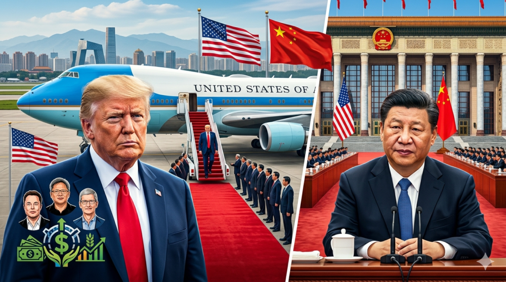 Donald Trump Lands in China for Explosive Xi Jinping Meeting 3 Donald Trump Lands in China as High-Stakes Xi Jinping Talks Begin The world’s attention has once again turned toward Asia as Donald Trump Lands in China for one of the most important diplomatic visits of the year. The high-profile trip comes at a time when relations between the United States and China remain tense because of trade disputes, technology restrictions, military competition, and growing global uncertainty. As Air Force One touched down in Beijing, President Donald Trump received a grand welcome featuring a brass band, waving flags, and an official reception led by Chinese Vice-President Han Zheng. The symbolic gesture immediately attracted global attention because Beijing appeared determined to show Trump more respect than during his earlier visit in 2017. This visit is not just about diplomacy. It is also about money, global trade, technology, and power. The fact that several major American business leaders joined Trump’s delegation shows how serious the economic discussions are expected to be. Donald Trump Lands in China With Top US CEOs One of the biggest headlines surrounding the visit is the presence of America’s most influential business leaders. CEOs from companies like Nvidia, Apple, Tesla, and Boeing traveled alongside Trump to Beijing. The inclusion of these executives highlights the importance of economic cooperation between the world’s two largest economies. While politics often dominate headlines, business interests remain deeply connected between China and the United States. During a social media post before arriving in Beijing, Trump praised the American executives traveling with him and stated that he would ask Chinese President Xi Jinping to “open up” China’s markets further for US companies. According to Trump, allowing American innovation and investment into China could create major benefits for both countries. The statement immediately sparked discussions among investors and analysts worldwide. Trade War Still Hurting Both Economies Although Donald Trump Lands in China with hopes of improving relations, the reality is that trade between the two countries has sharply declined over recent years. At its peak in 2022, two-way trade between China and the United States reached around $690 billion. However, that number has fallen significantly because of tariffs, restrictions, and growing tensions between Washington and Beijing. Last year, total trade dropped to approximately $414 billion, showing how much damage the trade war has caused to economic relations. One of Trump’s main concerns remains the large trade imbalance between the two nations. The United States imported more than $200 billion worth of goods from China than it exported there last year. Trump has repeatedly argued that this imbalance hurts American workers and industries. Donald Trump Lands in China for Explosive Xi Jinping Meeting 3  Because of this, the US president is expected to push for deals that increase Chinese purchases of American goods. Boeing Could Become a Major Winner One company that may benefit significantly from the summit is Boeing. Boeing CEO Kelly Ortberg recently expressed confidence that discussions during the summit could lead to a large number of aircraft orders from China. Such a deal would provide a massive boost to the American aviation industry, especially after Boeing faced production and safety challenges in recent years. China represents one of the world’s largest aviation markets, making Chinese aircraft purchases extremely valuable for Boeing’s future growth. If successful, the agreements could create thousands of jobs in the United States while helping Boeing regain momentum in the global aviation market. American Farmers Watching Closely Another group paying close attention as Donald Trump Lands in China is American farmers. Agricultural exports became one of the biggest casualties of the US-China trade war. Tariffs imposed by both countries hurt soybean farmers, beef producers, and other agricultural businesses across the United States. Trump is expected to encourage China to increase purchases of American agricultural products again. Such agreements would likely be welcomed strongly by farming communities across America. During Trump’s first presidency, China promised to buy larger amounts of US goods under a previous trade agreement. However, Beijing did not fully meet all of those commitments, leaving many American industries disappointed. Because of that history, experts remain cautious about whether new promises during this visit will lead to real long-term results. Elon Musk and Tech Leaders Draw Attention The technology industry is another major focus of the visit. Elon Musk was spotted on the tarmac in Beijing as part of Trump’s delegation. His presence immediately drew major media attention because Tesla has deep business ties inside China. Meanwhile, Nvidia CEO Jensen Huang’s participation is especially important because Nvidia has become central to the growing technology rivalry between China and the United States. Washington has imposed restrictions on advanced semiconductor exports to China, arguing that certain technologies could strengthen China’s military and artificial intelligence capabilities. Despite those tensions, American technology companies still see China as one of the largest and most profitable markets in the world. This makes the summit particularly important for future business opportunities. Donald Trump Lands in China Amid Global Tensions Beyond trade and economics, global security issues are also expected to dominate conversations between Trump and Xi Jinping. Before leaving Washington, Trump told reporters that he and Xi would discuss Iran and tensions surrounding the Strait of Hormuz. The Strait of Hormuz remains one of the world’s most critical shipping routes because nearly 20% of global oil supplies pass through it. Any disruption in the region can affect fuel prices and financial markets worldwide. Trump suggested that China has cooperated reasonably well regarding the crisis and described Xi Jinping as someone who has been “relatively good” on the issue. The discussions could become extremely important because China depends heavily on oil imports from the Middle East. China Shows Trump a Warmer Reception Diplomatic symbolism matters greatly in international politics, and Beijing appeared eager to create a positive atmosphere as Donald Trump Lands in China. Chinese Vice-President Han Zheng personally welcomed Trump at the airport. Analysts noted that this represented a higher-level reception than Trump received during his earlier China visit in 2017. Many experts believe China wants to stabilize relations with Washington amid economic challenges and global uncertainty. Donald Trump Lands in China for Explosive Xi Jinping Meeting 3 The welcoming ceremony, complete with music, chants, and formal honors, appeared carefully designed to present a friendly image before negotiations begin. Donald Trump Lands in China for Explosive Xi Jinping Meeting 3 Can Trump and Xi Reset Relations? The biggest question now is whether this summit can genuinely improve US-China relations or whether it will simply produce temporary optimism. The relationship between the two countries has become increasingly complicated over trade, military influence, technology, Taiwan, and global leadership. Still, both nations also understand that their economies remain deeply connected. A complete breakdown in relations would likely damage businesses, markets, and consumers across the world. That is why many investors and global leaders are watching the Beijing meetings closely. As Donald Trump Lands in China, expectations are extremely high. Supporters hope the talks will create new economic opportunities, reduce tensions, and strengthen global stability. Critics, however, remain skeptical because previous agreements between Washington and Beijing often struggled to deliver lasting results. Over the next two days, Trump and Xi Jinping will attempt to navigate one of the most complex international relationships in modern history. Whether the summit leads to major breakthroughs or more uncertainty, one thing is certain: the world will be paying close attention as Donald Trump Lands in China for these historic talks. Donald Trump Lands in China for Explosive Xi Jinping Meeting 3